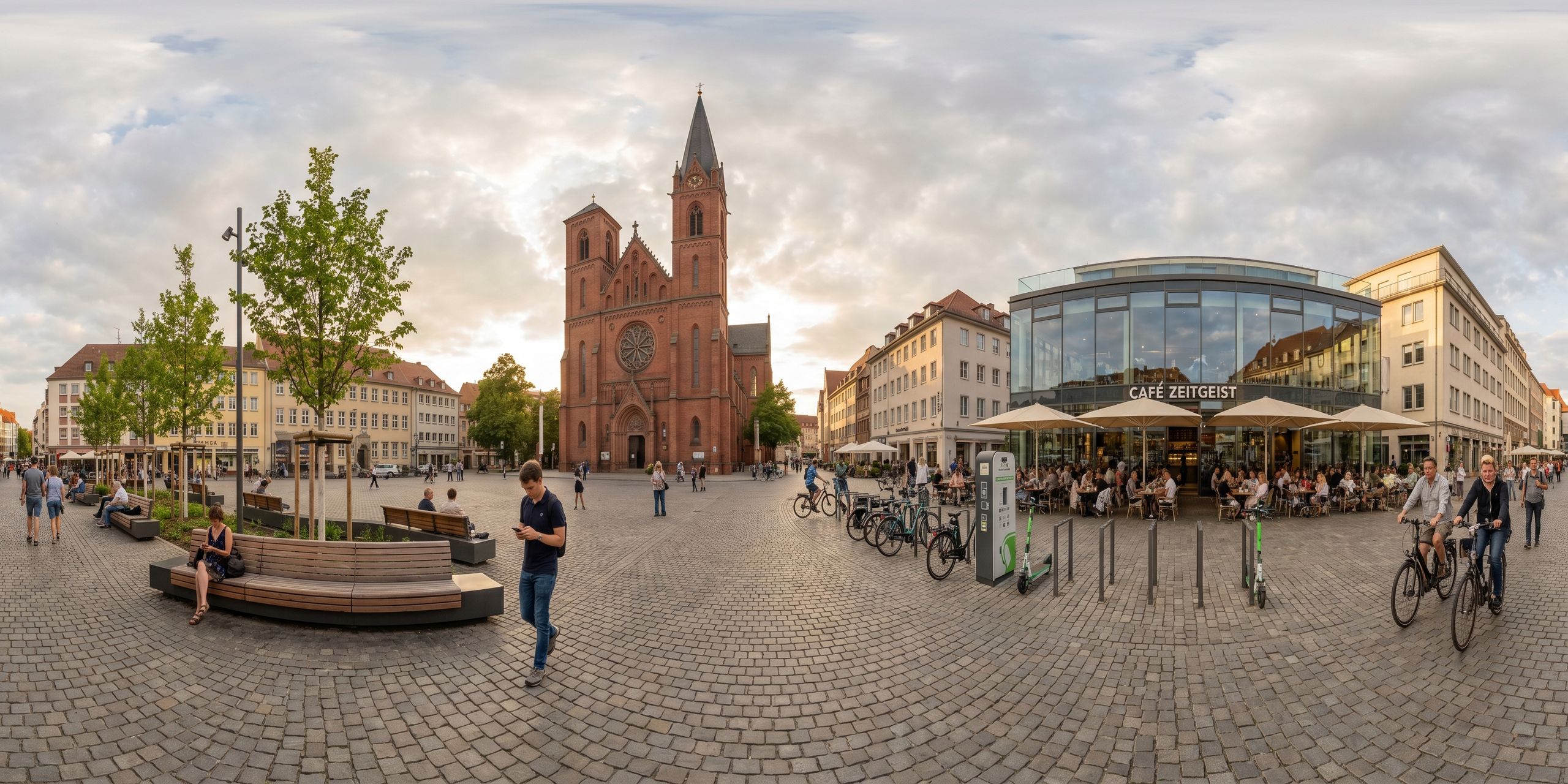 360°-Panorama: historischer Marktplatz mit gotischer Kirche, heute